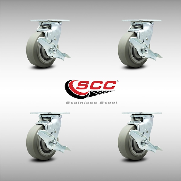 5 Inch SS Thermoplastic Rubber Swivel Caster Set with Ball Bearings and Brakes